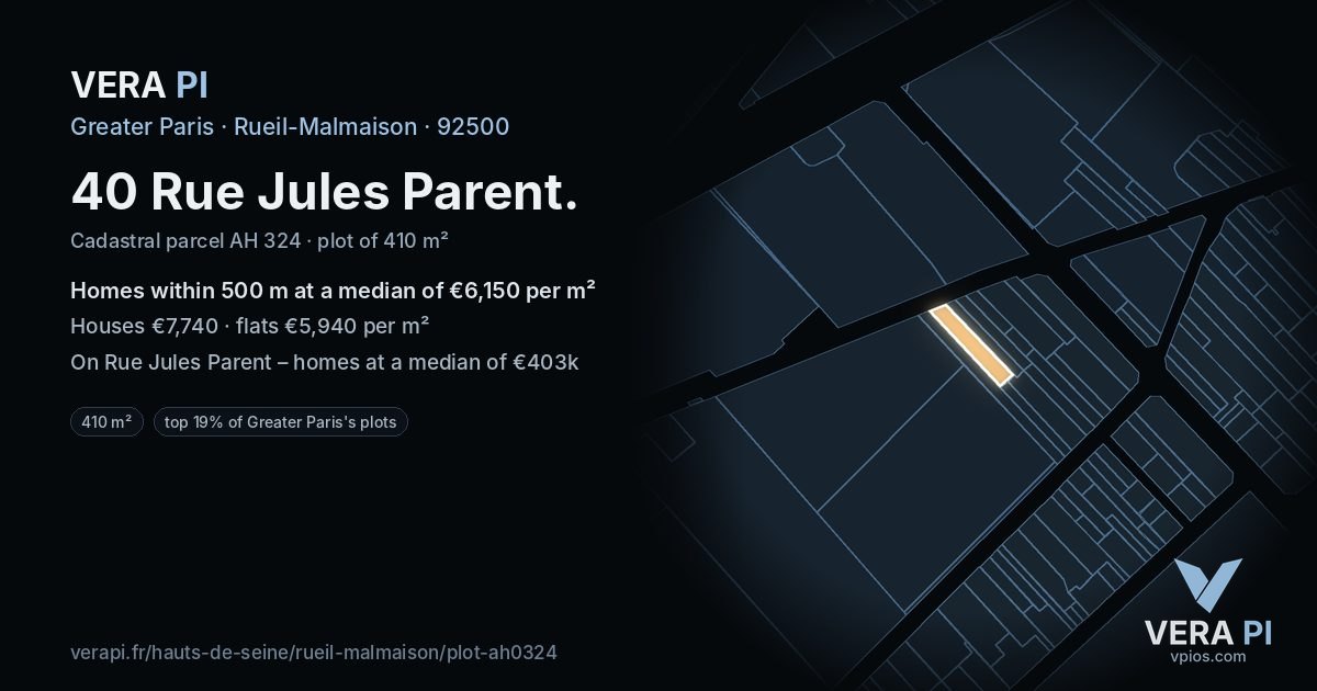 40 Rue Jules Parent, Rueil-Malmaison at night – the plot lit, the parcels around coloured by the prices near them