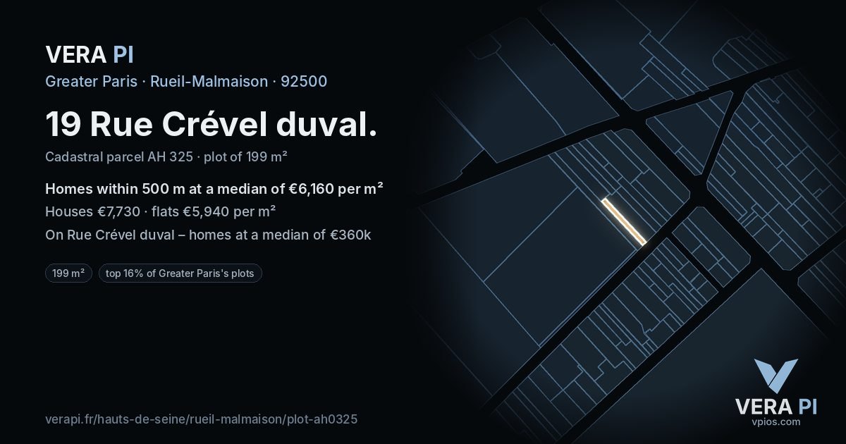 19 Rue Crével duval, Rueil-Malmaison at night – the plot lit, the parcels around coloured by the prices near them