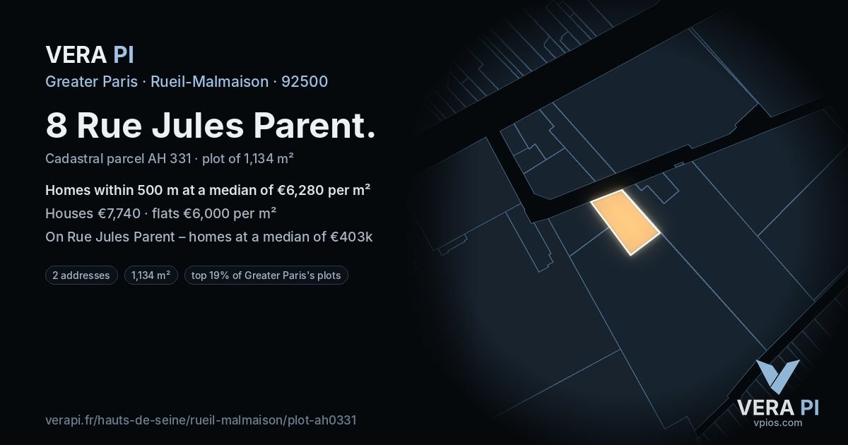 8 Rue Jules Parent, Rueil-Malmaison at night – the plot lit, the parcels around coloured by the prices near them