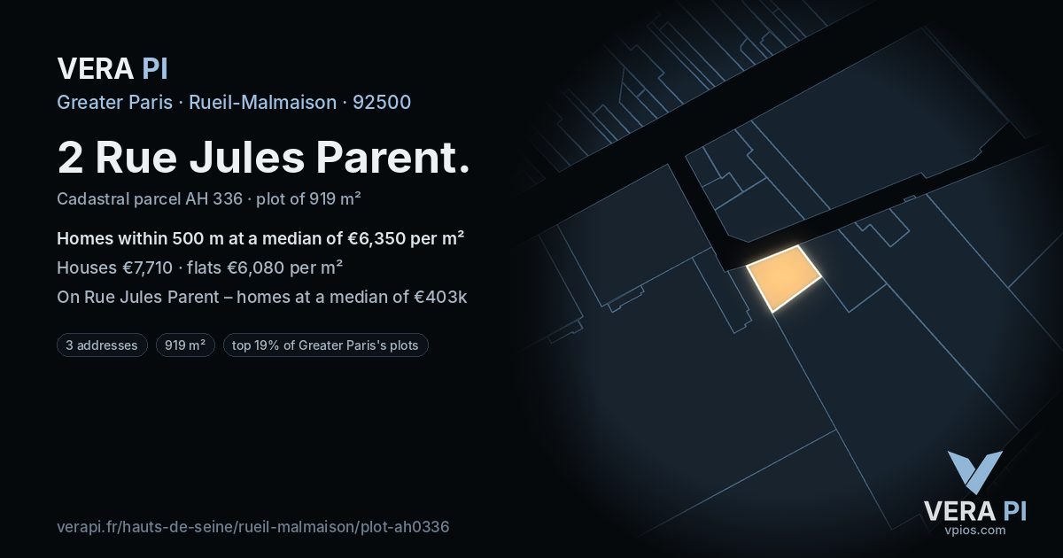 2 Rue Jules Parent, Rueil-Malmaison at night – the plot lit, the parcels around coloured by the prices near them
