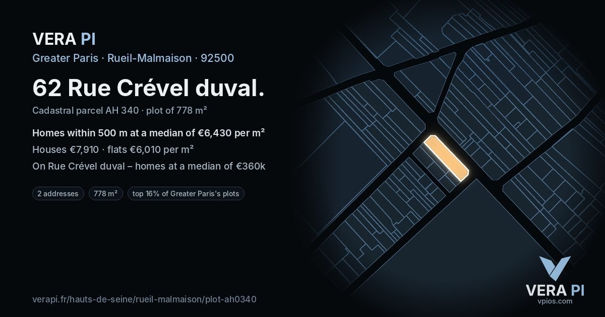 62 Rue Crével duval, Rueil-Malmaison at night – the plot lit, the parcels around coloured by the prices near them