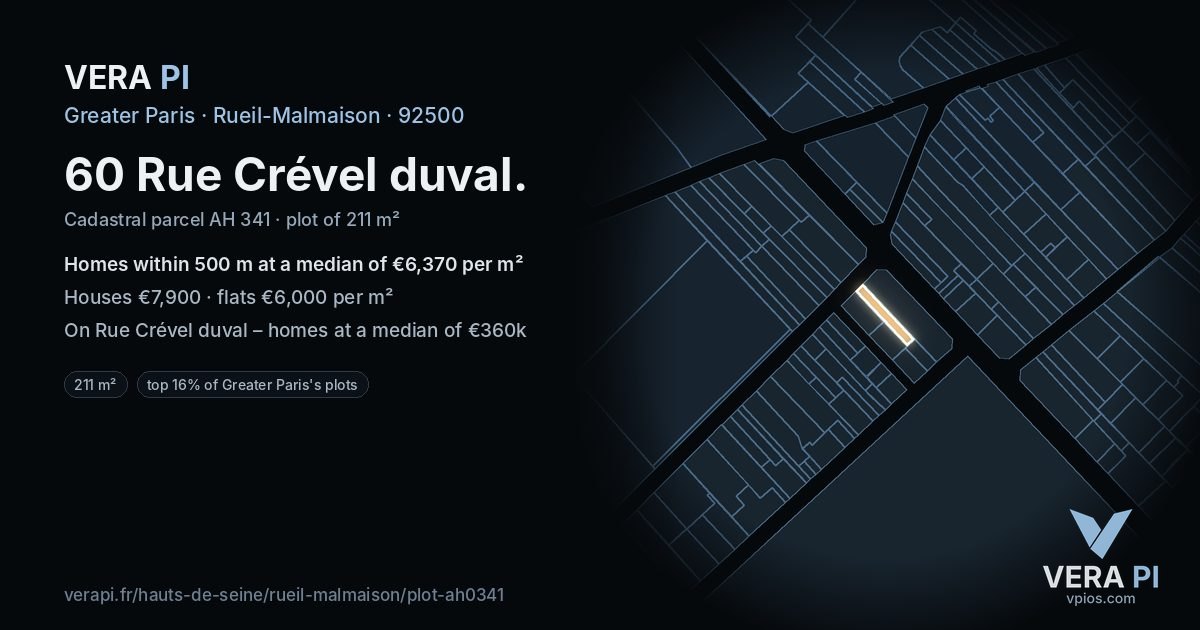 60 Rue Crével duval, Rueil-Malmaison at night – the plot lit, the parcels around coloured by the prices near them
