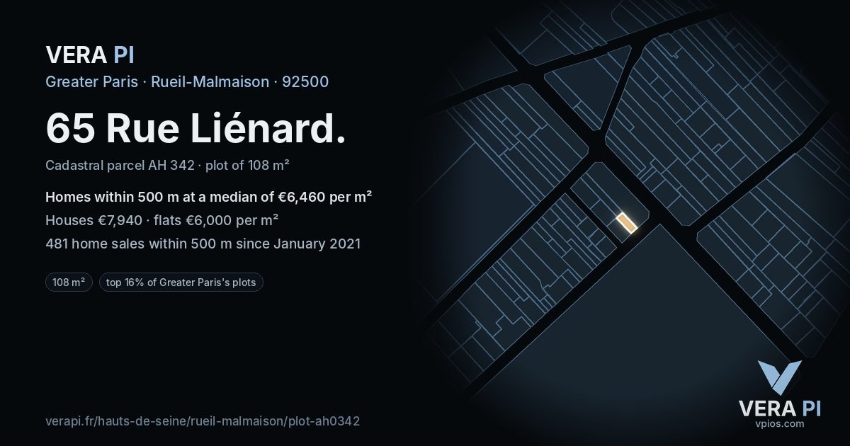 65 Rue Liénard, Rueil-Malmaison at night – the plot lit, the parcels around coloured by the prices near them