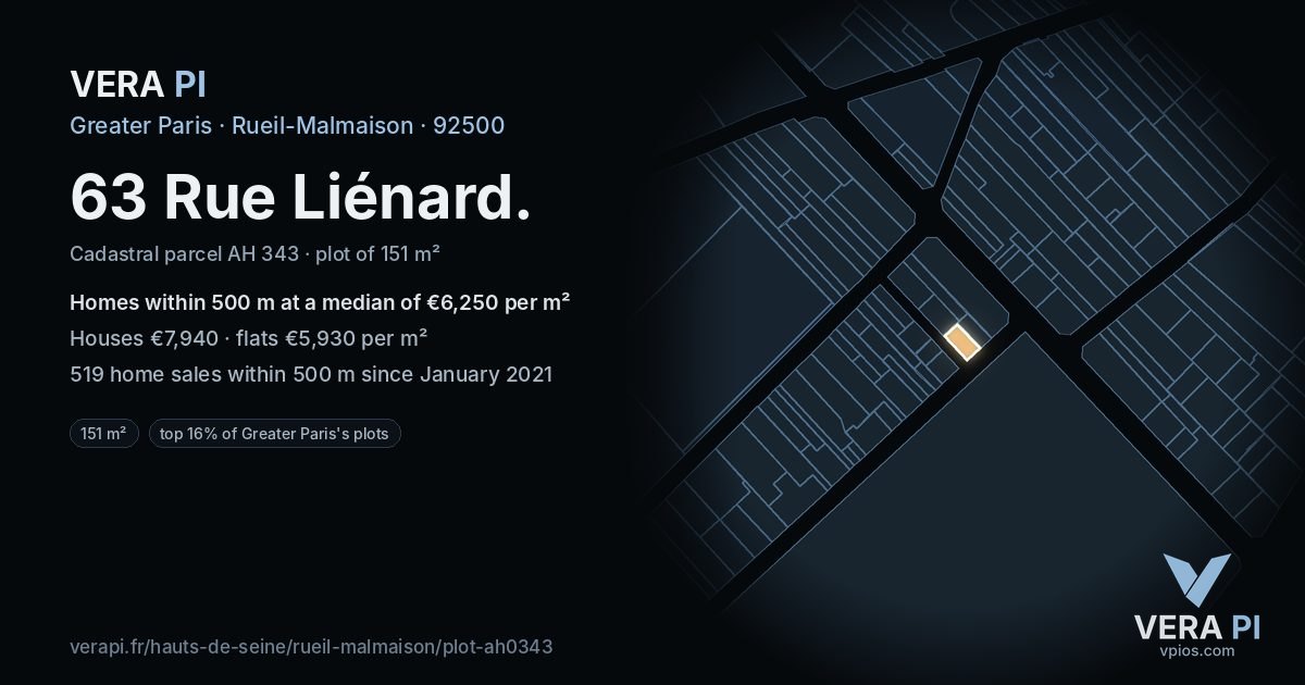 63 Rue Liénard, Rueil-Malmaison at night – the plot lit, the parcels around coloured by the prices near them