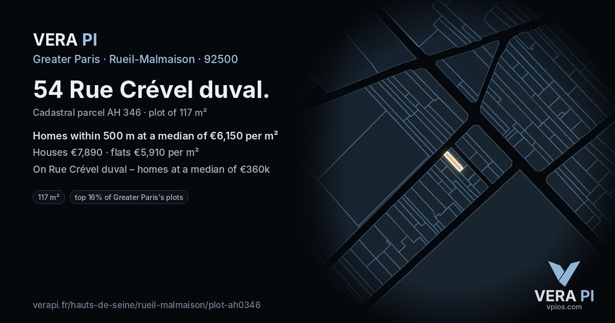 54 Rue Crével duval, Rueil-Malmaison at night – the plot lit, the parcels around coloured by the prices near them