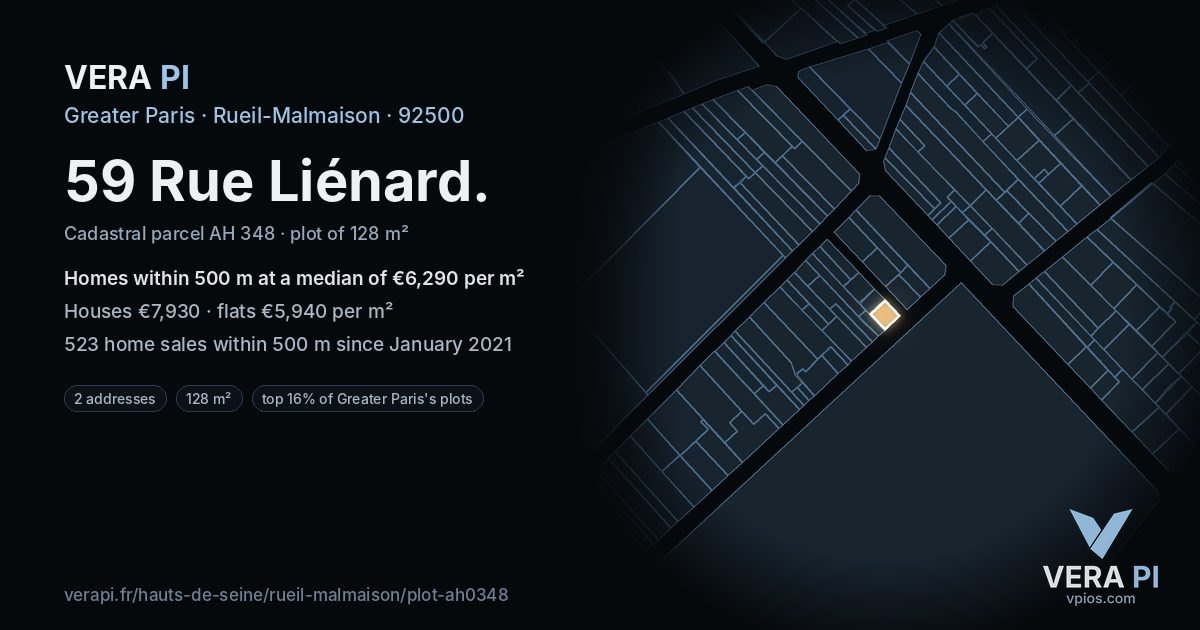 59 Rue Liénard, Rueil-Malmaison at night – the plot lit, the parcels around coloured by the prices near them