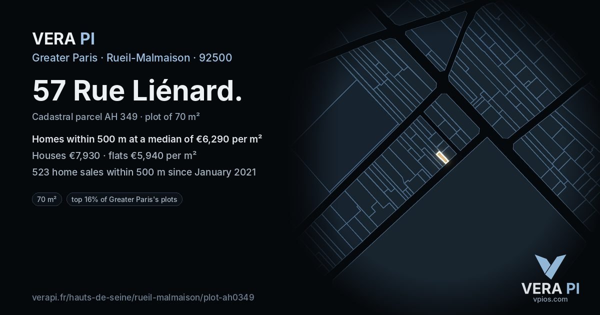 57 Rue Liénard, Rueil-Malmaison at night – the plot lit, the parcels around coloured by the prices near them