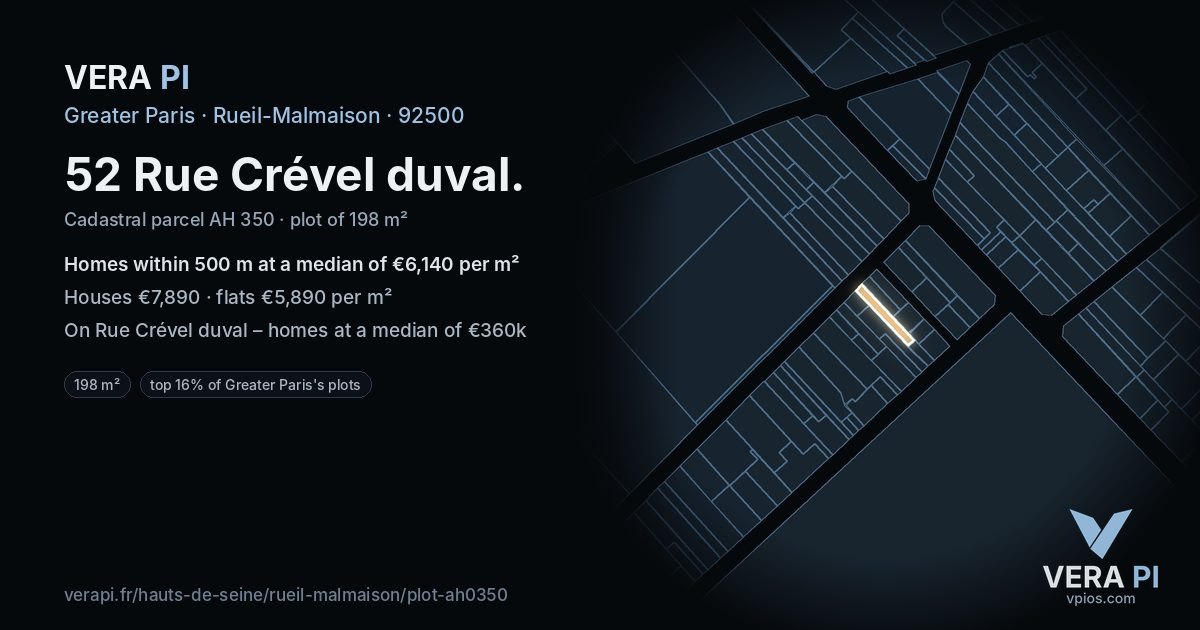 52 Rue Crével duval, Rueil-Malmaison at night – the plot lit, the parcels around coloured by the prices near them