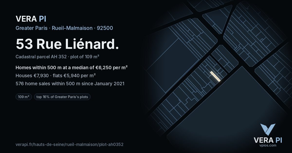 53 Rue Liénard, Rueil-Malmaison at night – the plot lit, the parcels around coloured by the prices near them
