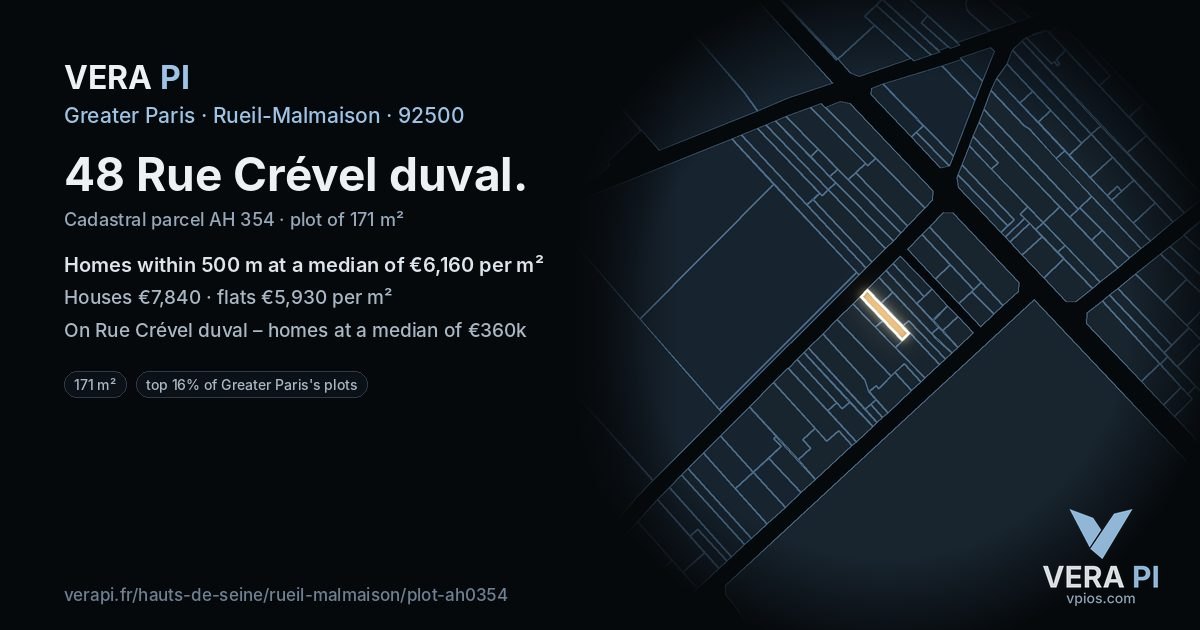 48 Rue Crével duval, Rueil-Malmaison at night – the plot lit, the parcels around coloured by the prices near them