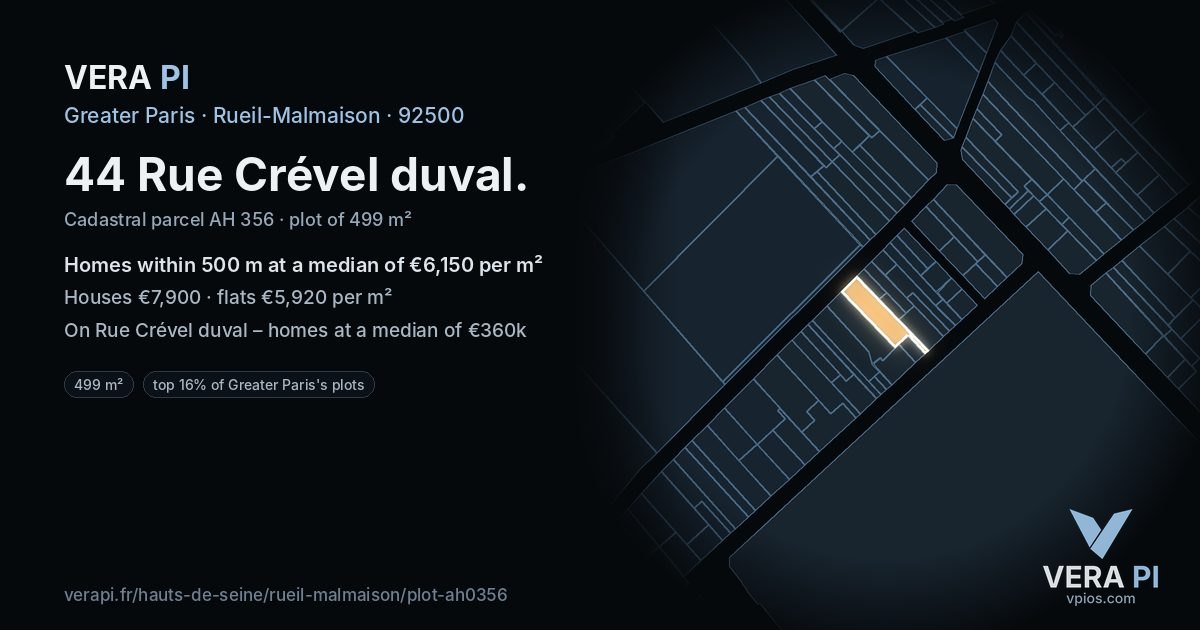 44 Rue Crével duval, Rueil-Malmaison at night – the plot lit, the parcels around coloured by the prices near them