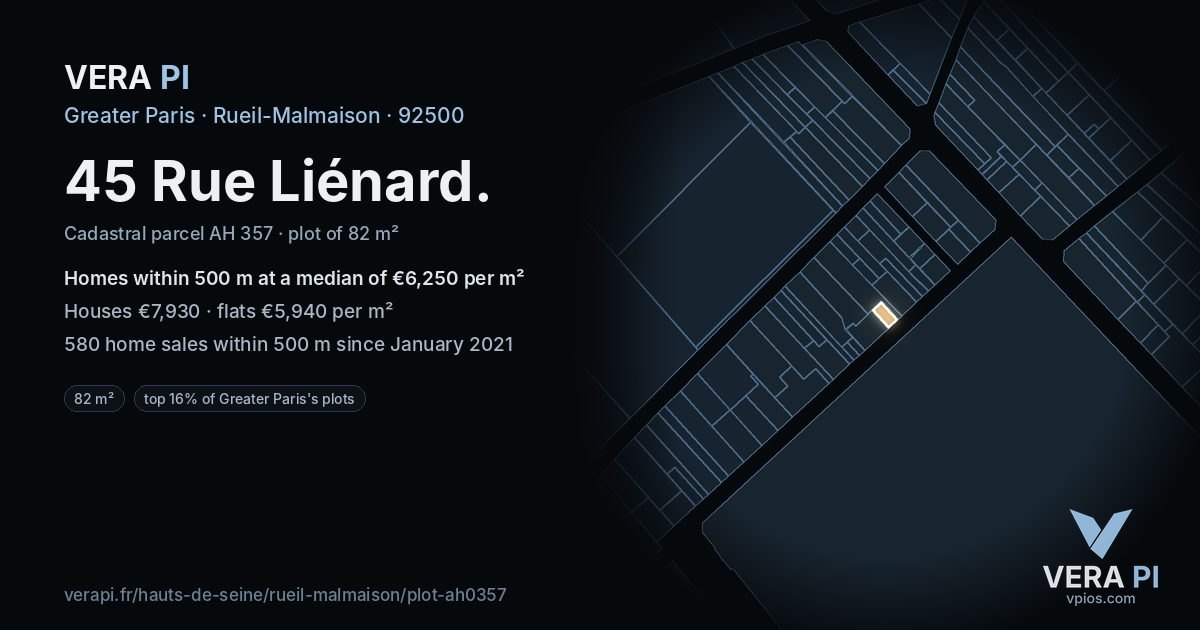 45 Rue Liénard, Rueil-Malmaison at night – the plot lit, the parcels around coloured by the prices near them