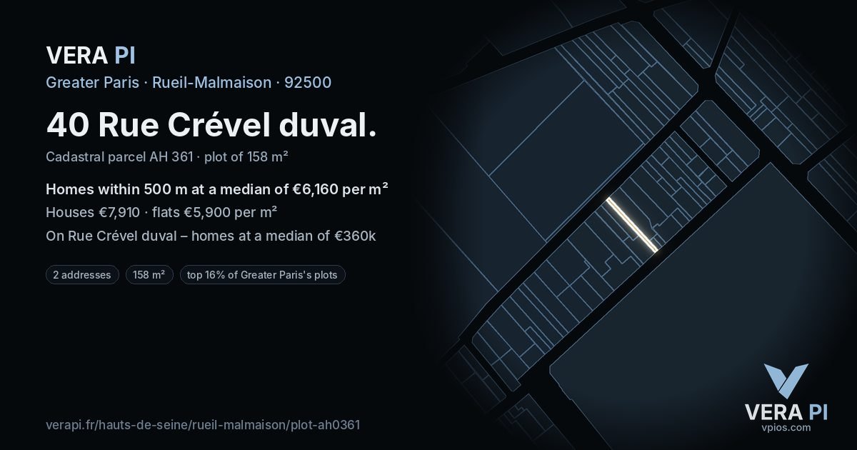 40 Rue Crével duval, Rueil-Malmaison at night – the plot lit, the parcels around coloured by the prices near them