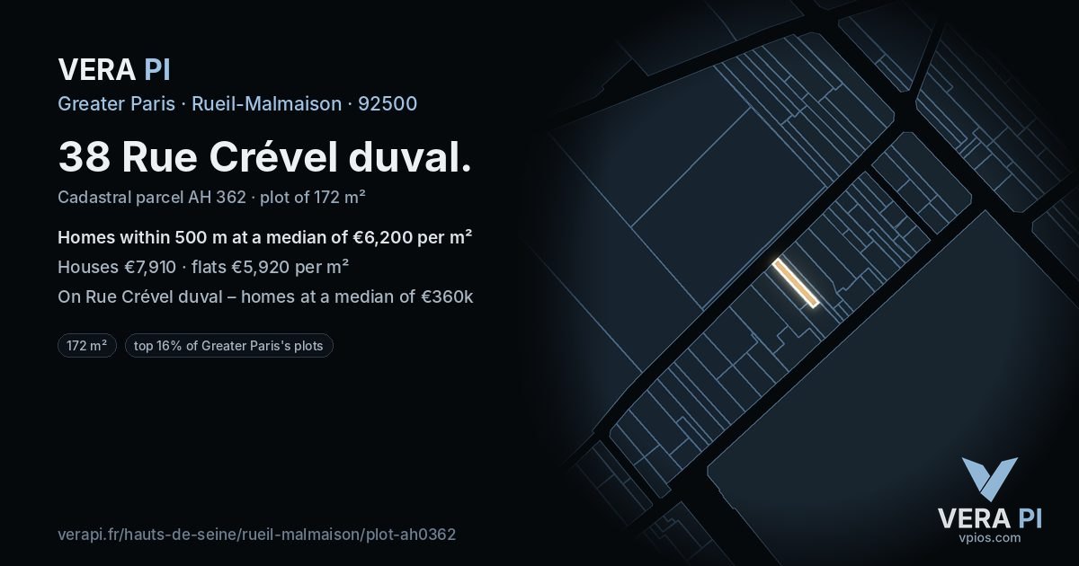 38 Rue Crével duval, Rueil-Malmaison at night – the plot lit, the parcels around coloured by the prices near them