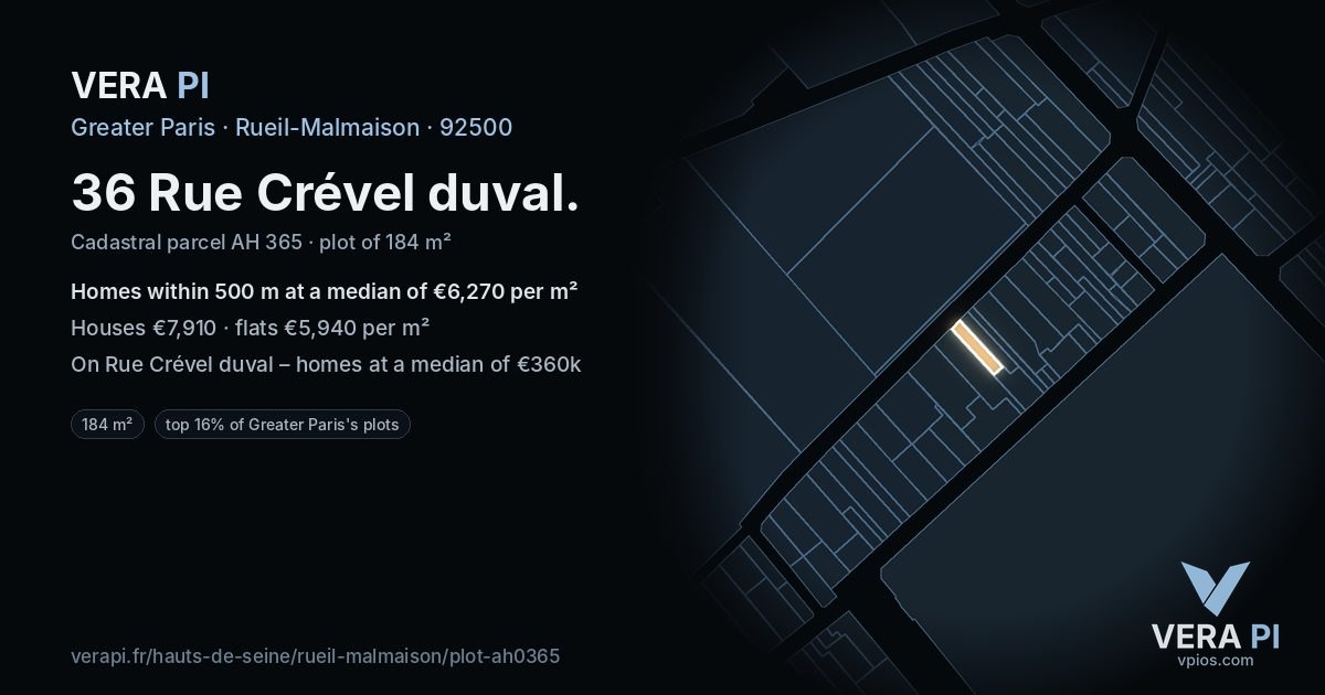 36 Rue Crével duval, Rueil-Malmaison at night – the plot lit, the parcels around coloured by the prices near them