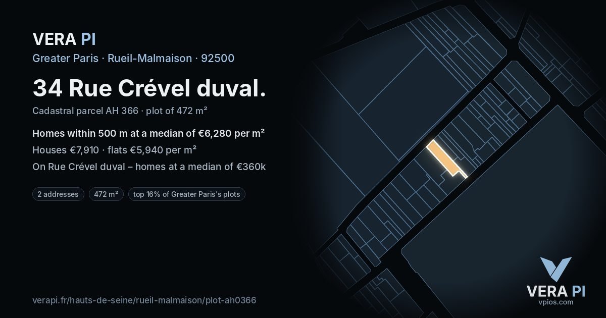 34 Rue Crével duval, Rueil-Malmaison at night – the plot lit, the parcels around coloured by the prices near them