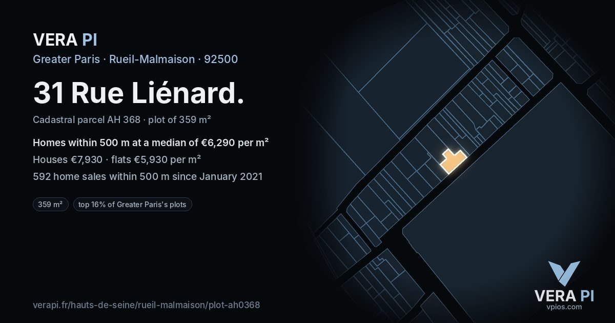 31 Rue Liénard, Rueil-Malmaison at night – the plot lit, the parcels around coloured by the prices near them