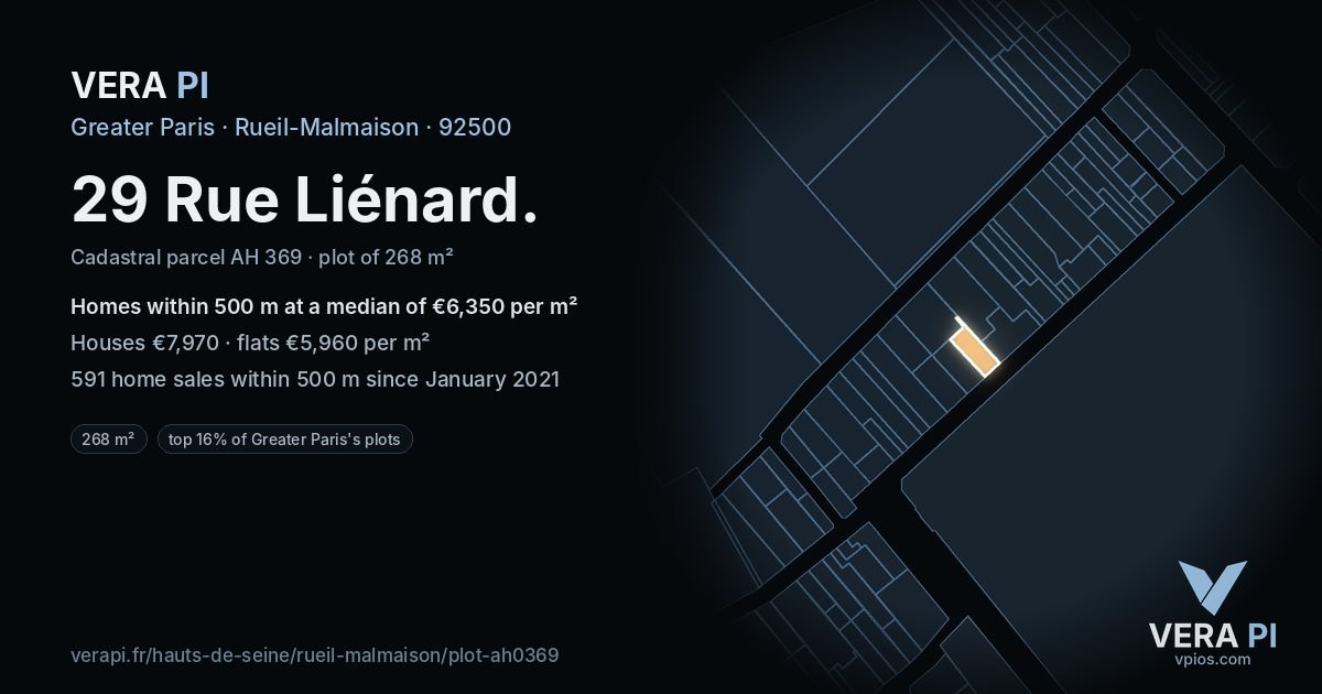 29 Rue Liénard, Rueil-Malmaison at night – the plot lit, the parcels around coloured by the prices near them