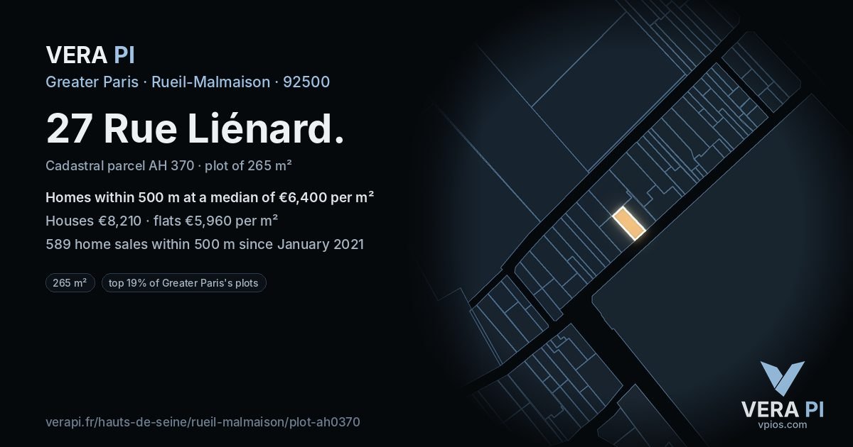 27 Rue Liénard, Rueil-Malmaison at night – the plot lit, the parcels around coloured by the prices near them