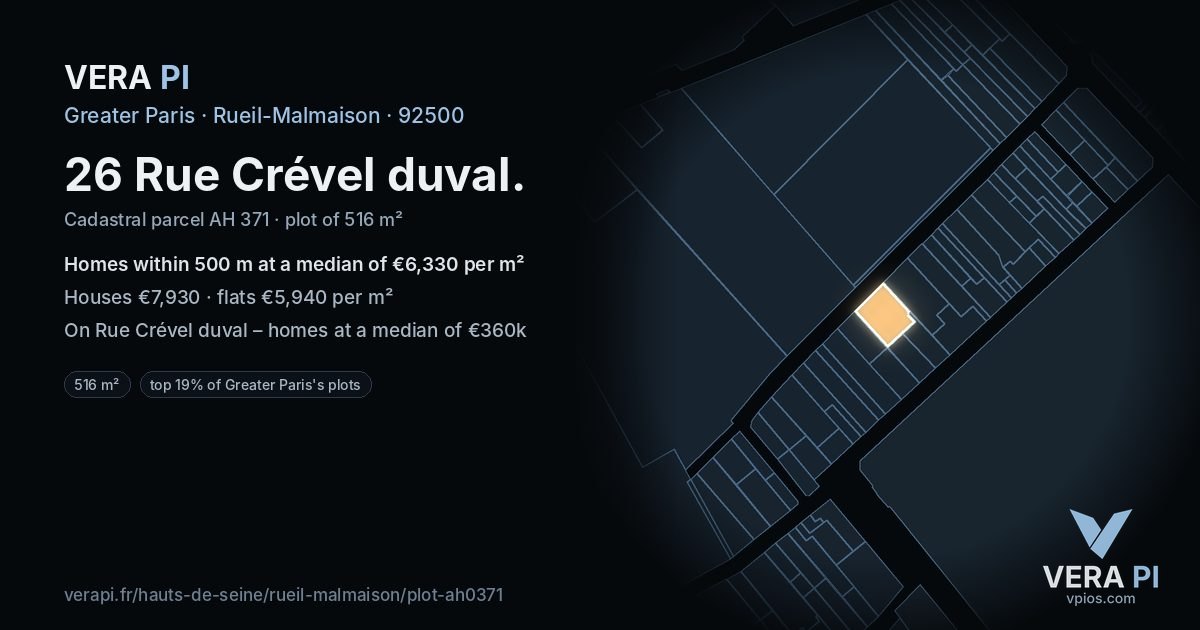 26 Rue Crével duval, Rueil-Malmaison at night – the plot lit, the parcels around coloured by the prices near them