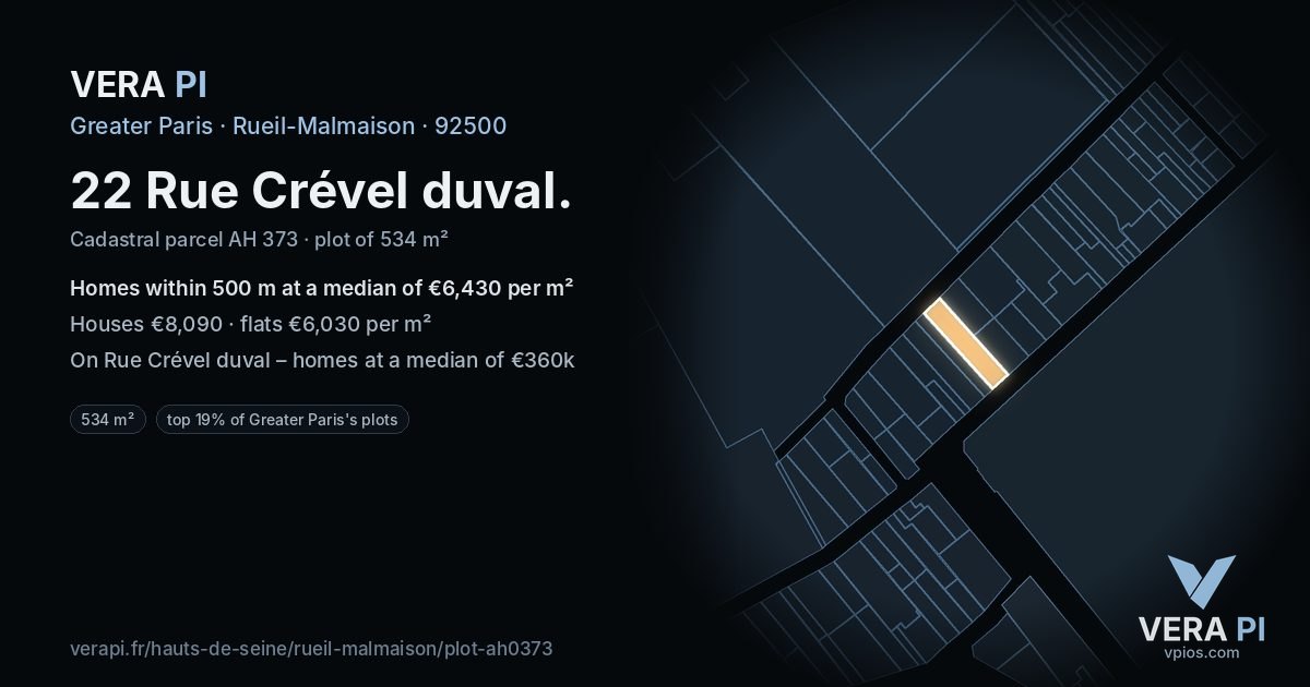 22 Rue Crével duval, Rueil-Malmaison at night – the plot lit, the parcels around coloured by the prices near them