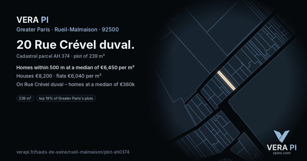20 Rue Crével duval, Rueil-Malmaison at night – the plot lit, the parcels around coloured by the prices near them