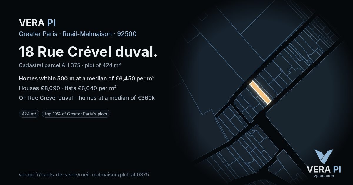 18 Rue Crével duval, Rueil-Malmaison at night – the plot lit, the parcels around coloured by the prices near them