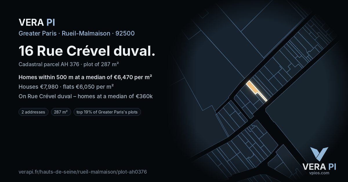 16 Rue Crével duval, Rueil-Malmaison at night – the plot lit, the parcels around coloured by the prices near them