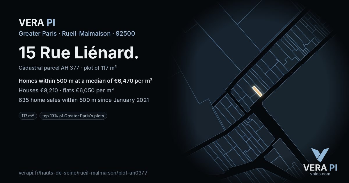 15 Rue Liénard, Rueil-Malmaison at night – the plot lit, the parcels around coloured by the prices near them