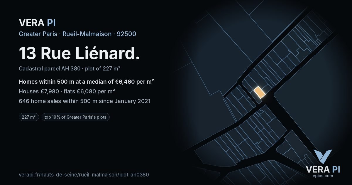 13 Rue Liénard, Rueil-Malmaison at night – the plot lit, the parcels around coloured by the prices near them