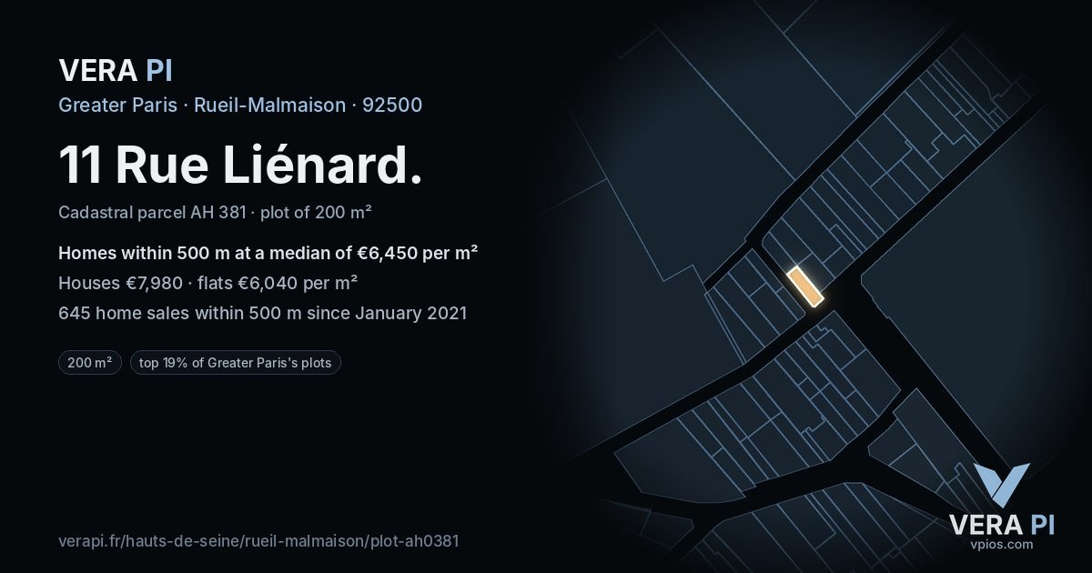 11 Rue Liénard, Rueil-Malmaison at night – the plot lit, the parcels around coloured by the prices near them