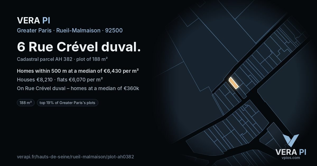 6 Rue Crével duval, Rueil-Malmaison at night – the plot lit, the parcels around coloured by the prices near them