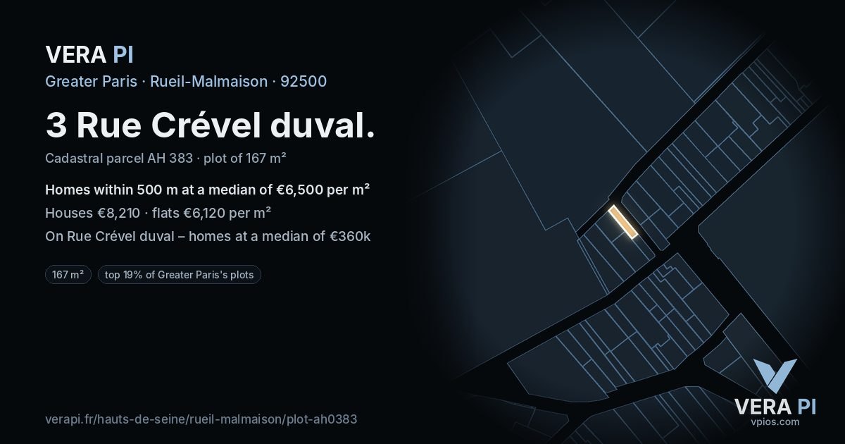 3 Rue Crével duval, Rueil-Malmaison at night – the plot lit, the parcels around coloured by the prices near them