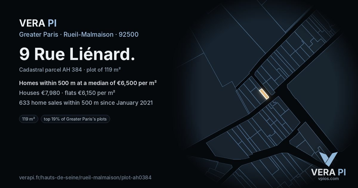 9 Rue Liénard, Rueil-Malmaison at night – the plot lit, the parcels around coloured by the prices near them