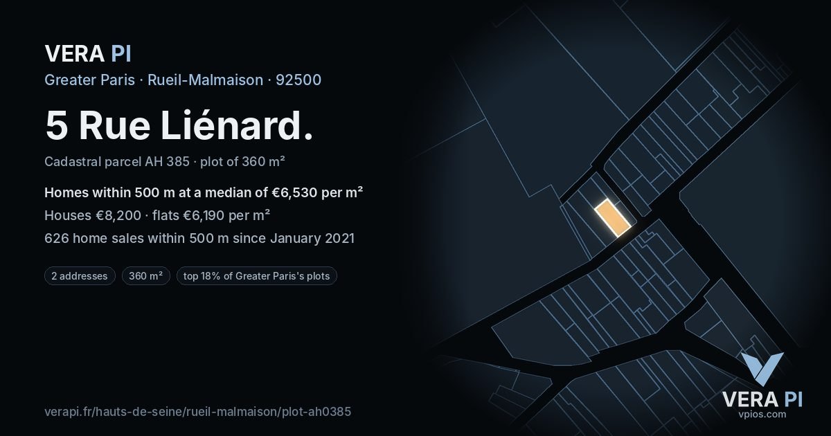 5 Rue Liénard, Rueil-Malmaison at night – the plot lit, the parcels around coloured by the prices near them