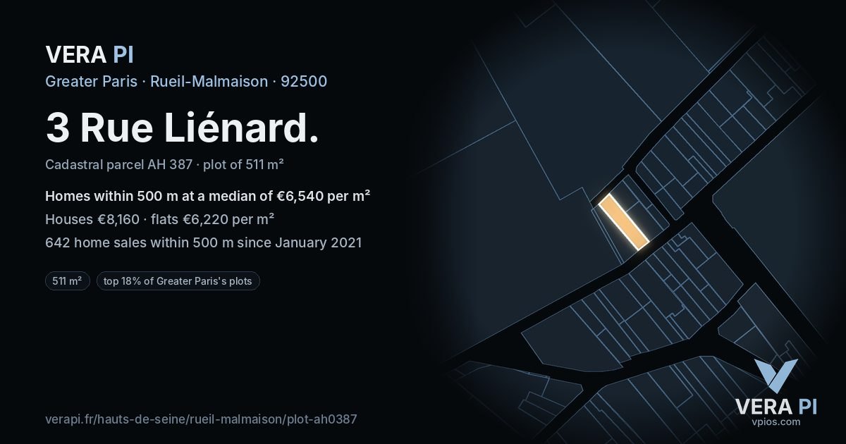 3 Rue Liénard, Rueil-Malmaison at night – the plot lit, the parcels around coloured by the prices near them