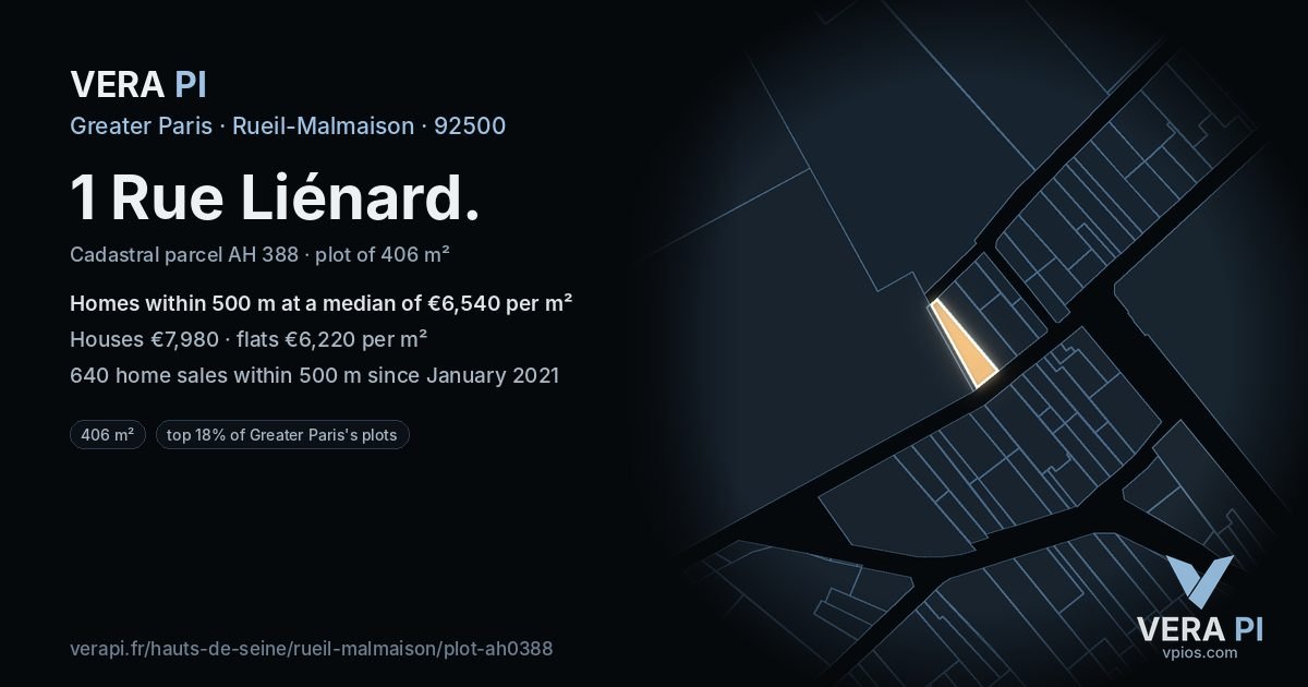 1 Rue Liénard, Rueil-Malmaison at night – the plot lit, the parcels around coloured by the prices near them