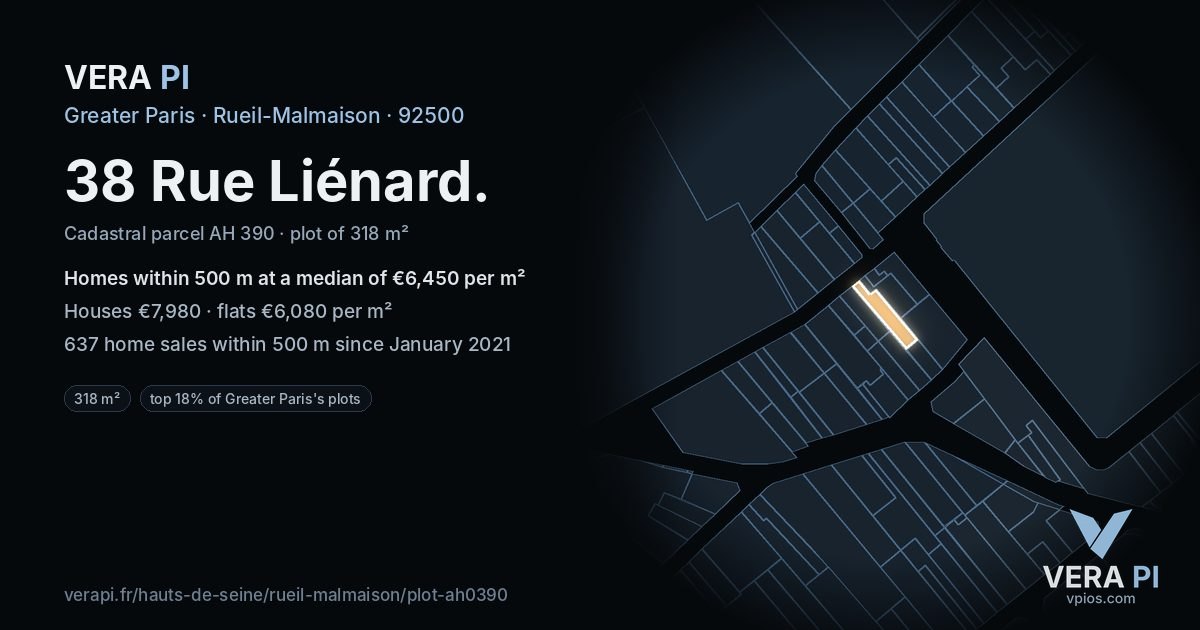 38 Rue Liénard, Rueil-Malmaison at night – the plot lit, the parcels around coloured by the prices near them