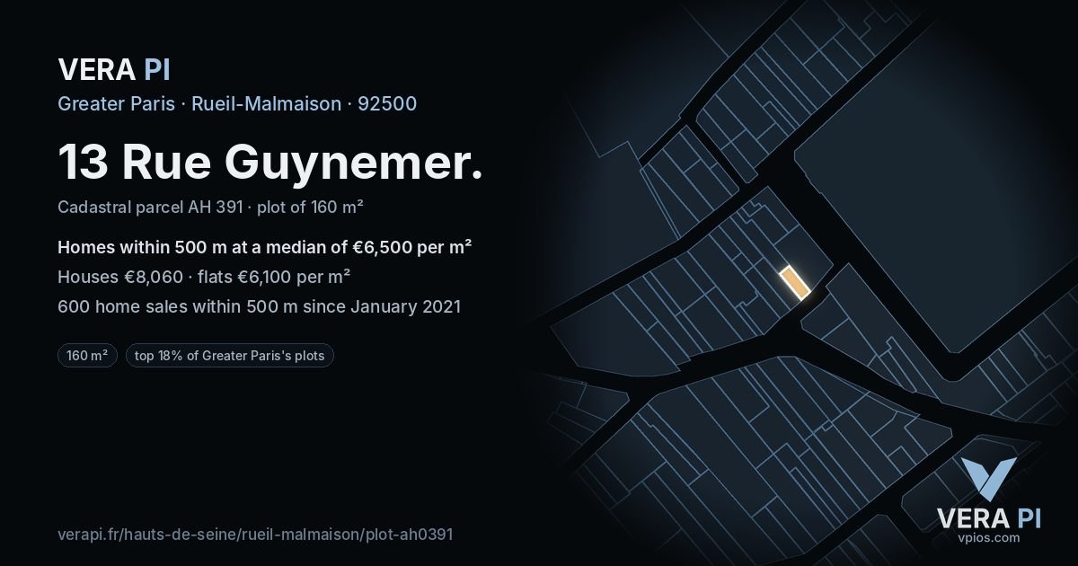13 Rue Guynemer, Rueil-Malmaison at night – the plot lit, the parcels around coloured by the prices near them