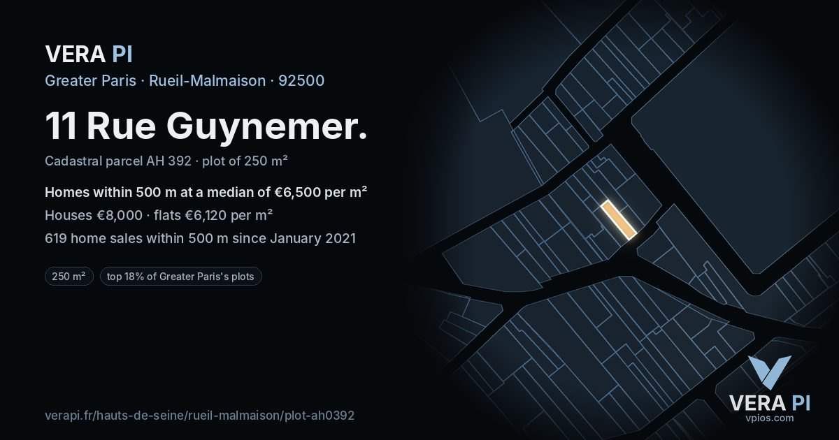 11 Rue Guynemer, Rueil-Malmaison at night – the plot lit, the parcels around coloured by the prices near them