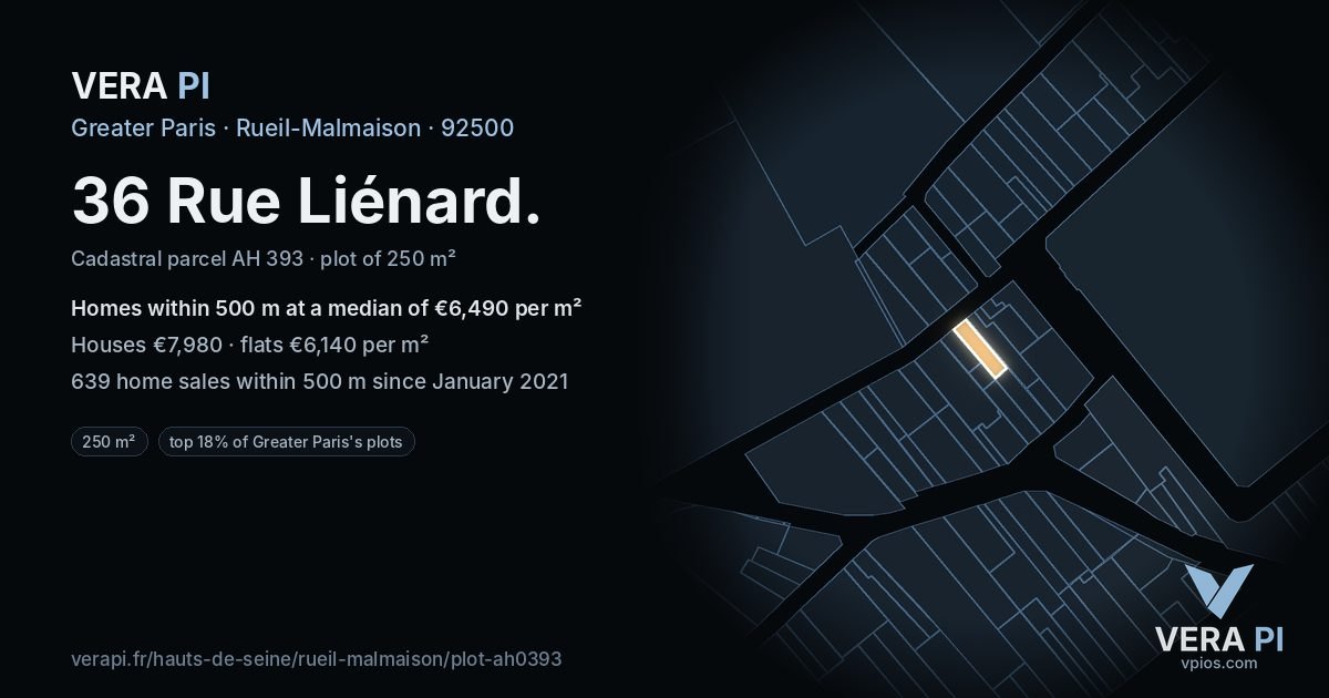 36 Rue Liénard, Rueil-Malmaison at night – the plot lit, the parcels around coloured by the prices near them