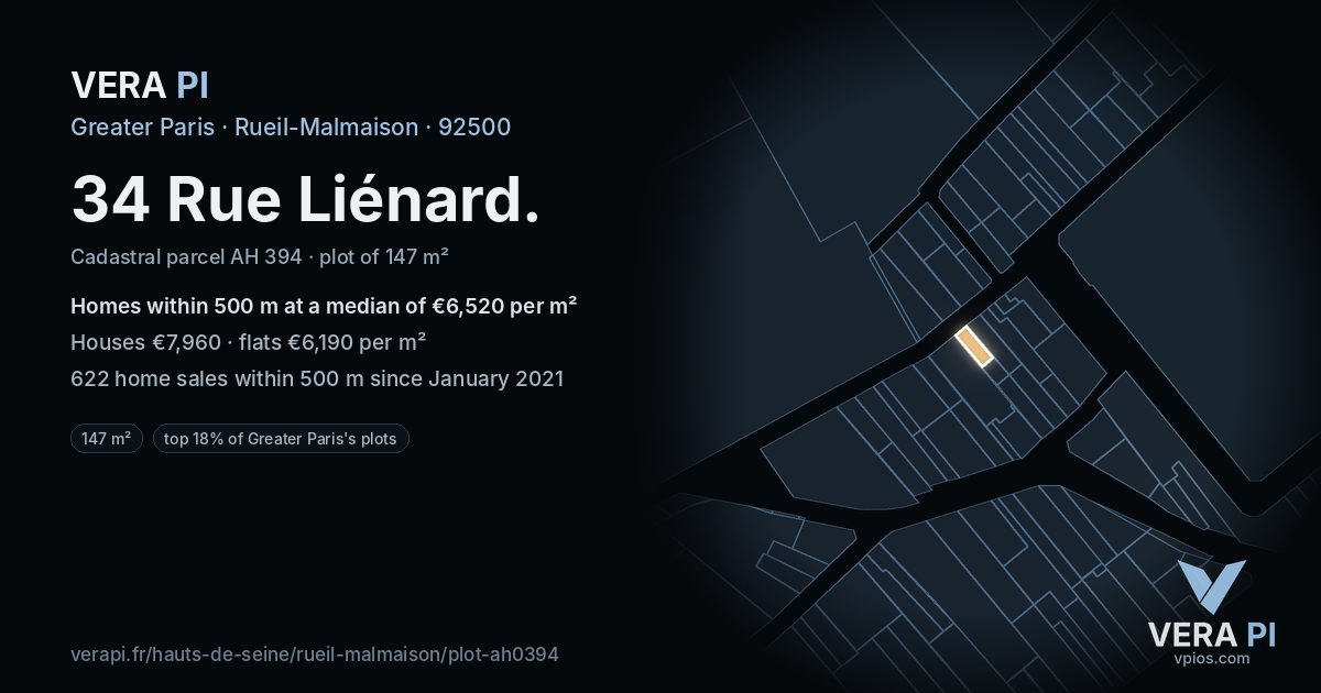 34 Rue Liénard, Rueil-Malmaison at night – the plot lit, the parcels around coloured by the prices near them