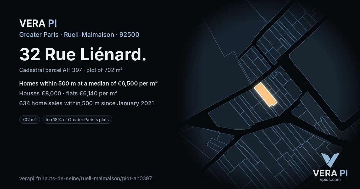 32 Rue Liénard, Rueil-Malmaison at night – the plot lit, the parcels around coloured by the prices near them