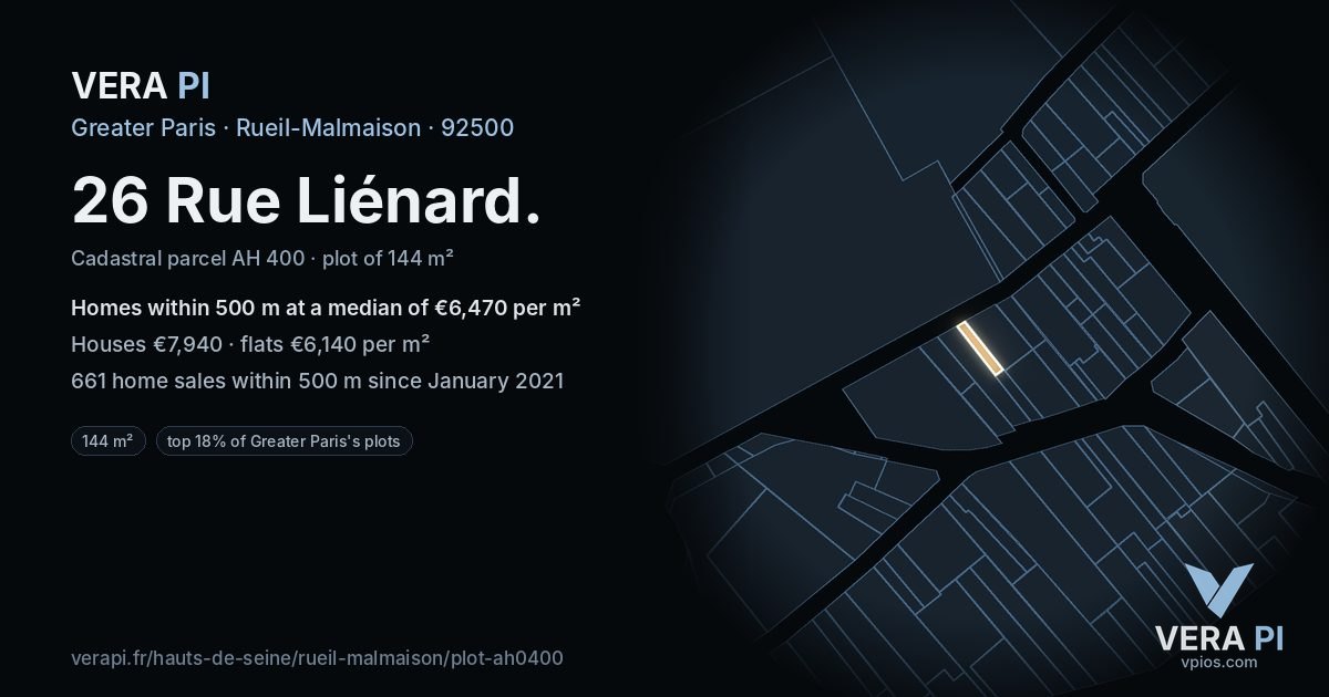 26 Rue Liénard, Rueil-Malmaison at night – the plot lit, the parcels around coloured by the prices near them