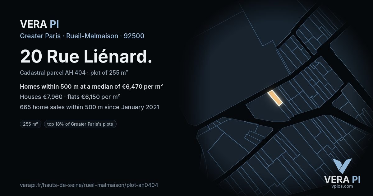 20 Rue Liénard, Rueil-Malmaison at night – the plot lit, the parcels around coloured by the prices near them