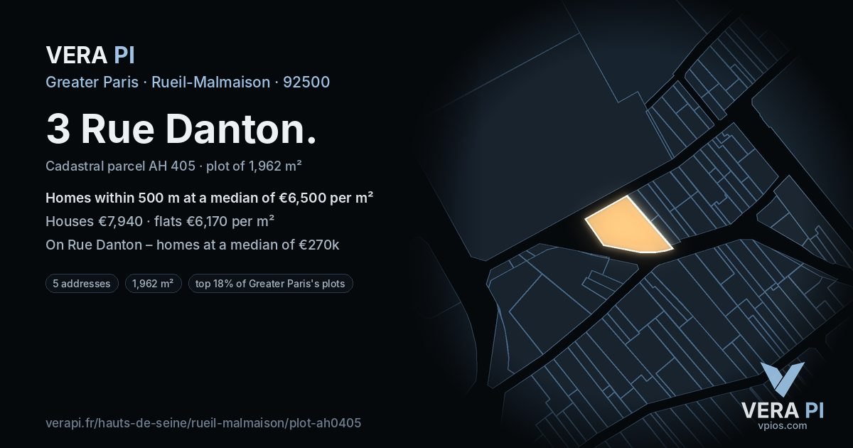 3 Rue Danton, Rueil-Malmaison at night – the plot lit, the parcels around coloured by the prices near them