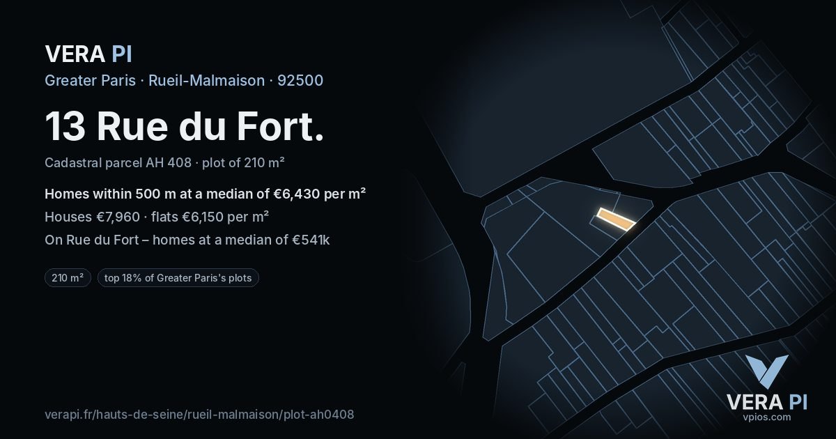 13 Rue du Fort, Rueil-Malmaison at night – the plot lit, the parcels around coloured by the prices near them