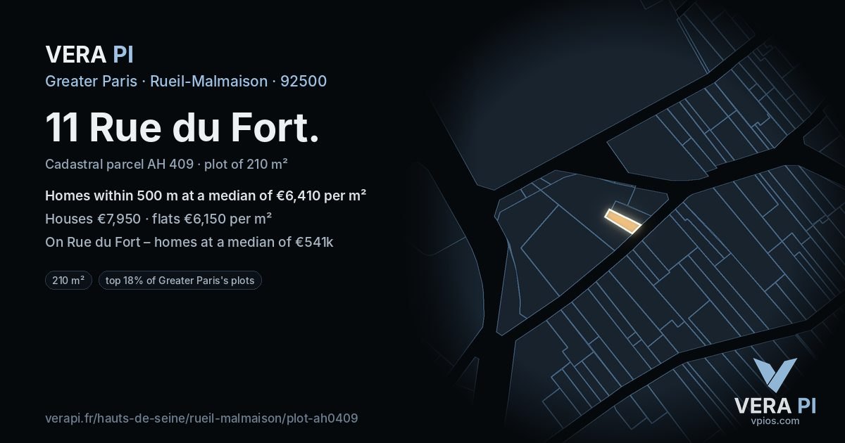 11 Rue du Fort, Rueil-Malmaison at night – the plot lit, the parcels around coloured by the prices near them