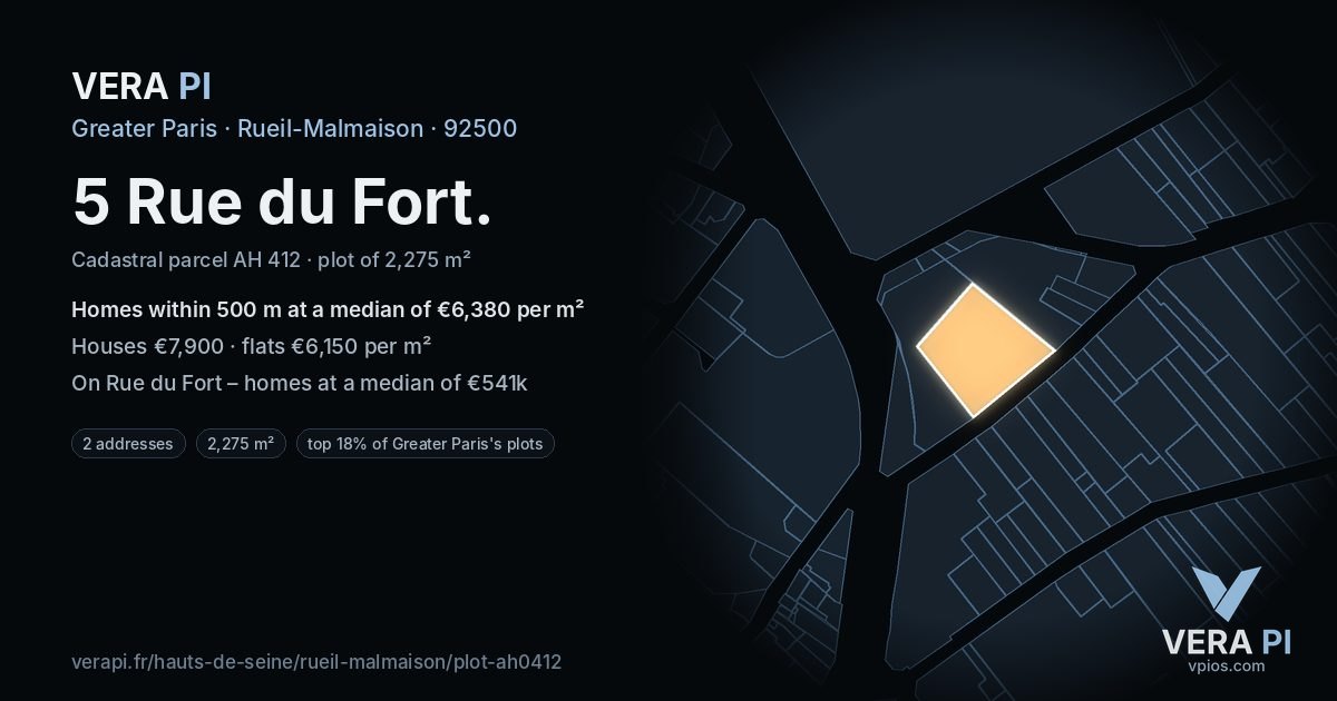5 Rue du Fort, Rueil-Malmaison at night – the plot lit, the parcels around coloured by the prices near them