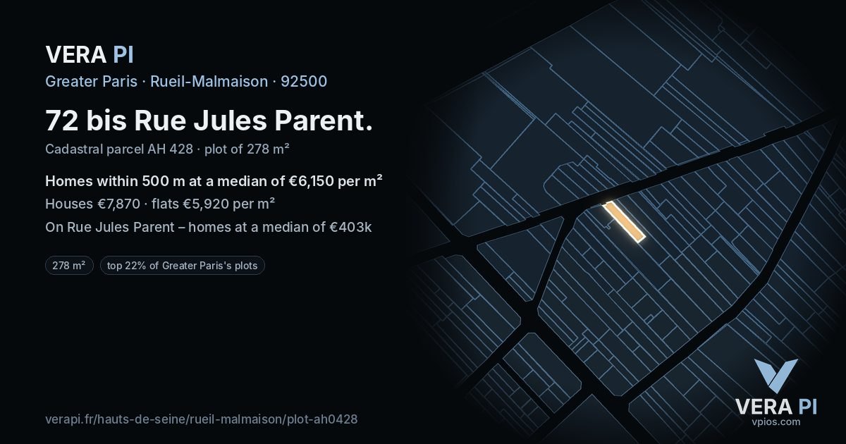 72 bis Rue Jules Parent, Rueil-Malmaison at night – the plot lit, the parcels around coloured by the prices near them